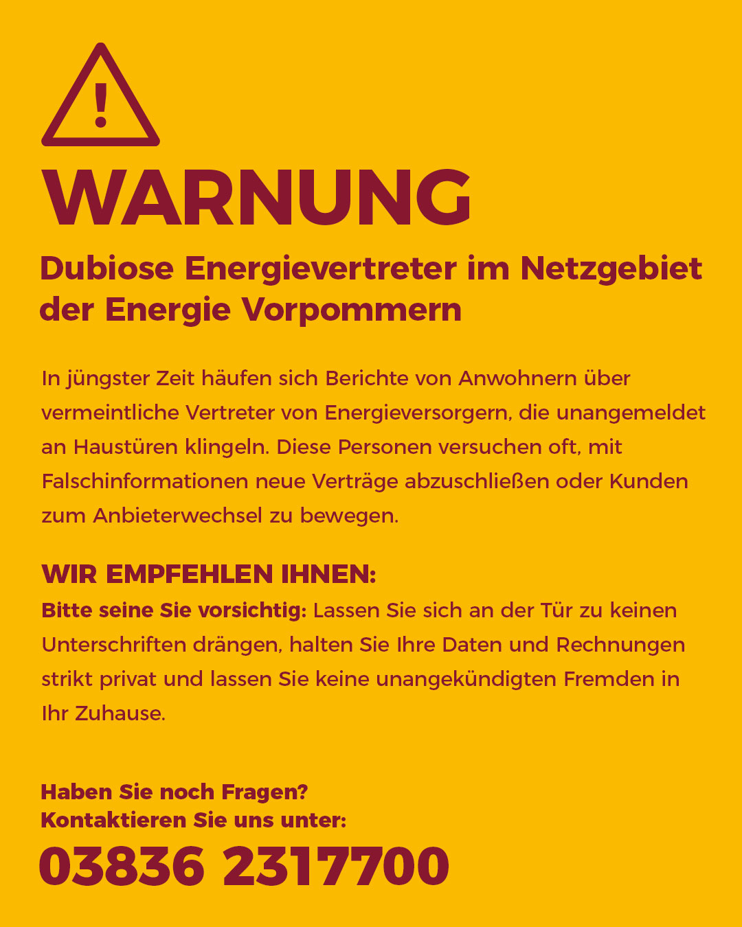 Warnung vor dubiosen Energievertreter im Netzgebiet der Energie Vorpommern
